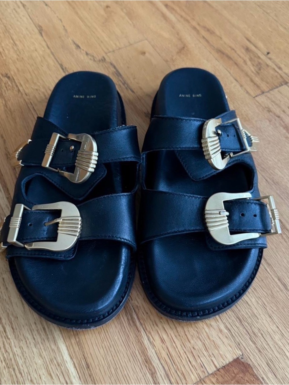 Anine Bing Kids Black Leather Double-Strap Sandals with Gold Buckles